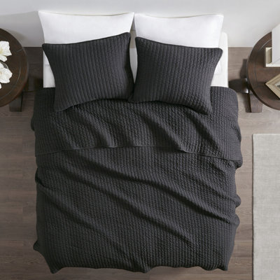 Courtepointe noire simple / simple TG, combinaison de microfibre et de coton, réversible pour changer les climats, 2 pièces avec 1 taie décorative, piqûre à piqûre à piqûres Artistique XL, noir, coton, ajustements saisonniers,