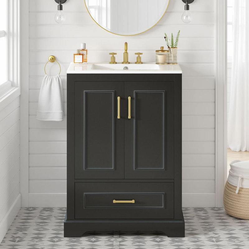 Meuble-lavabo sur pied simple 24 po avec lavabo en céramique, 1 tiroir et 2 portes à fermeture en douceur