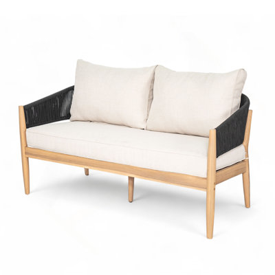 Verona Outdoor Patio Acacia Wood Loveseat, Natural Finish Wood, Beige Cushion, Black Rope