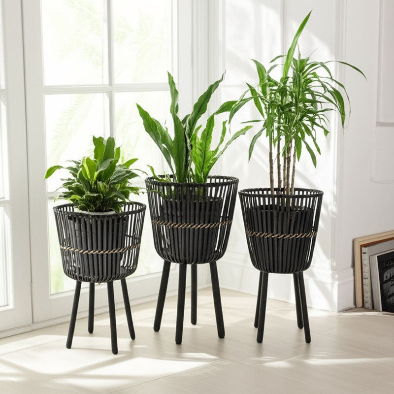 Corette Raised Wicker and Bamboo Planters (Set of 2), Black, 26" H x 15" W x 15" D, Set of 3