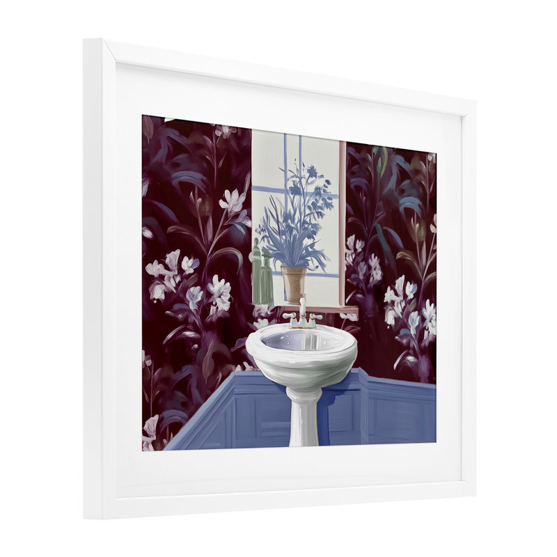 Lavabo de salle de bain, impression sous verre encadrée, design par Annabelle Hall, H 17 po x l 21 po, Cadre blanc côtier