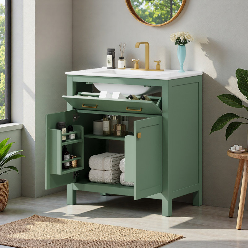 30-Inch Bathroom Vanity With Ceramic Sink, Green/Gold