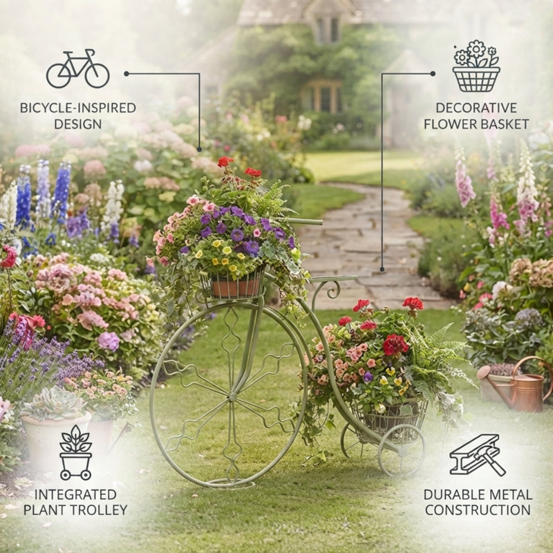 Zanesville Metal Cachepot Flower Stand - European Style Planter with Decorative Wheels for Home, Patio and Garden, Green