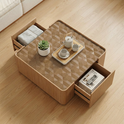 Table basse 31,5 "carrée avec tiroirs de rangement et plateau en verre, table de centre moderne en bois avec coins arrondis et base flottante pour le bureau du salon