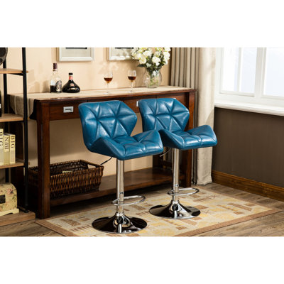 Tabourets de bar contemporains hydrauliques en bleu, de 2 sièges en cuir de polyuréthane avec réglage de la hauteur et repose-pieds pour une assise chic, réglable en bleu