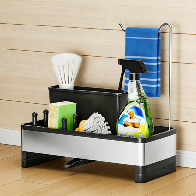 Stainless Steel Sink Caddy With Brush Holder Dishcloth Rack Black