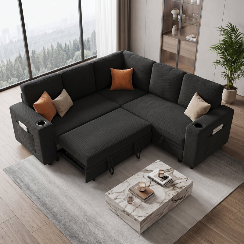 Canapé-lit d'angle en tissu texturé avec couchage gigogne et rangement, Gris