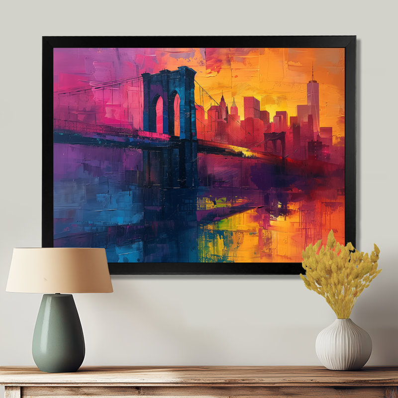 Décoration murale rouge et bleue Brooklyn Bridge Nyc I - Bridges, Toile encadrée noire simple, H 24 po x l 32 po x P 1 po