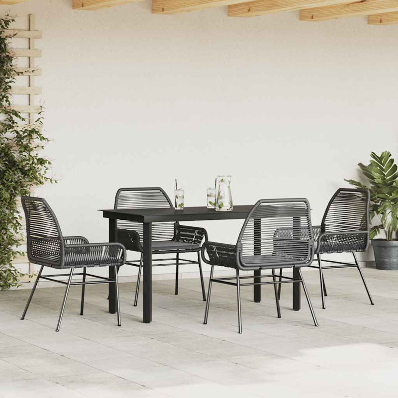 Ensemble repas de patio avec coussins en verre et poly rotin, Noir / Noir, H 18,5 po x l 27,6 po x L 55,1 po, 4