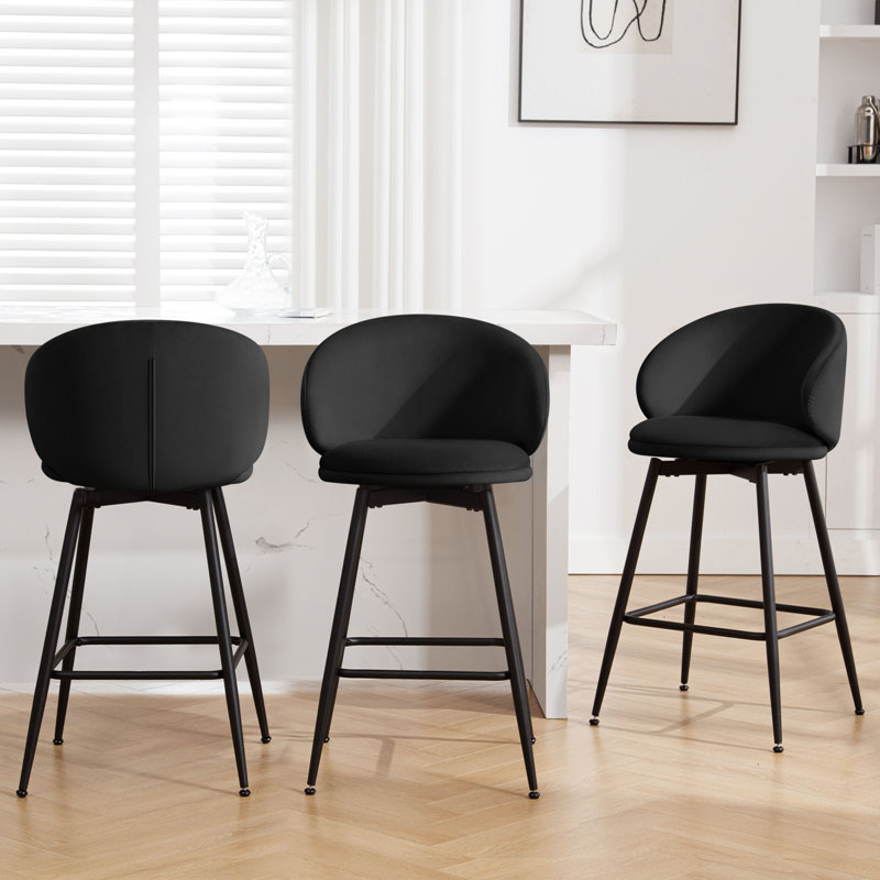 Black Velvet Upholstered Swivel Counter Height Bar Stools, Set of 2