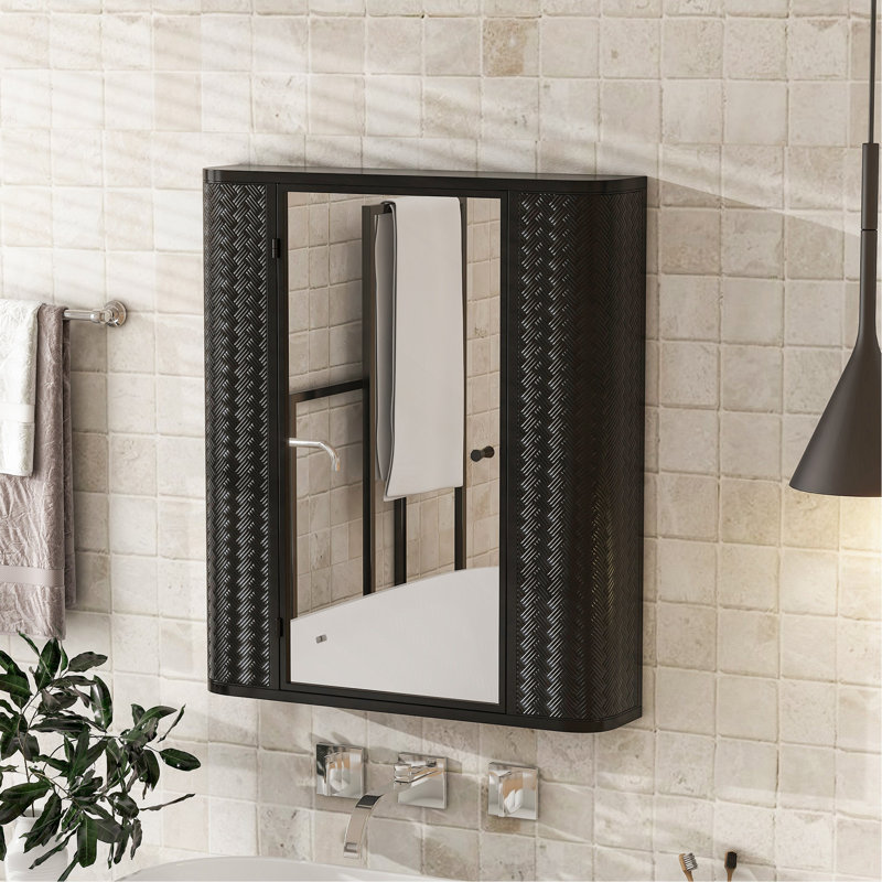Wall-Mounted Bathroom Cabinet with Mirror, Metal Framed Mirrored Door Medicine Cabinet, 2 Inner Shelves for Storage, Modern Farmhouse Style, Over Toilet or Vanity Organizer