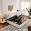 Lit plateforme tapissier hydraulique avec tête de lit intégrée Roomfitter King, tissu chenille, beige-27186789-27186784