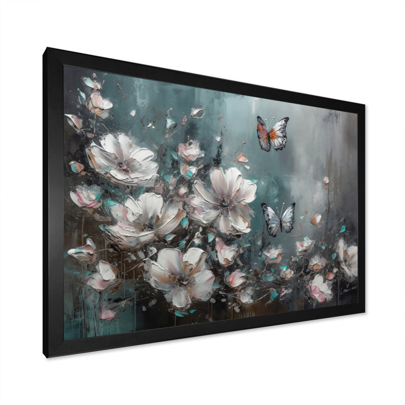 «Ryoko Flowers With Butterflies», peinture II sur toile, Cadre simple noir, H 12 po x l 20 po x P 1 po