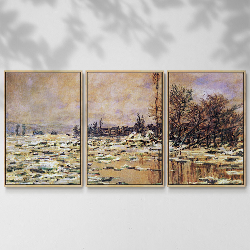 3 pièces Monet, H 24 po x l 48 po x P 2 po, Encadré naturel