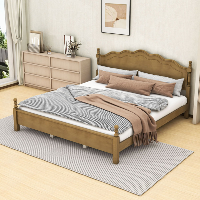 Base de lit plateforme avec tête de lit grand et courbé avec lattes en bois renforcé et pieds de soutien centraux, King