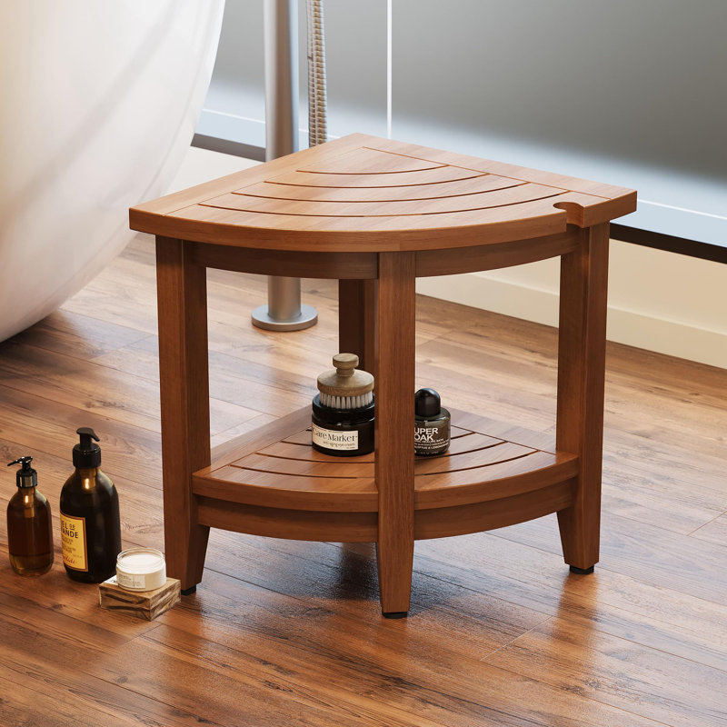 Teak Shower Bench For Corner, 18 Inch Shower Chair Stool For Shaving Legs With Storage Shelf,Waterproof Bathroom Bench Seat For Elderly And Disabled Indoor Use