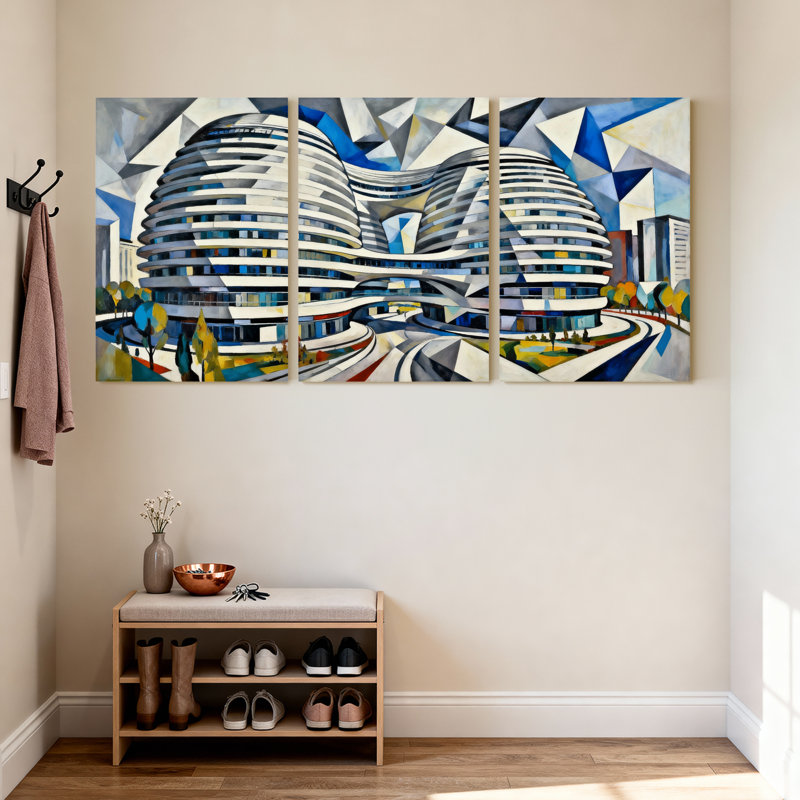 Cités et pays, bâtiment moderne, ensemble de 3 reproductions d'art sur toile, H 18 po x l 36 po
