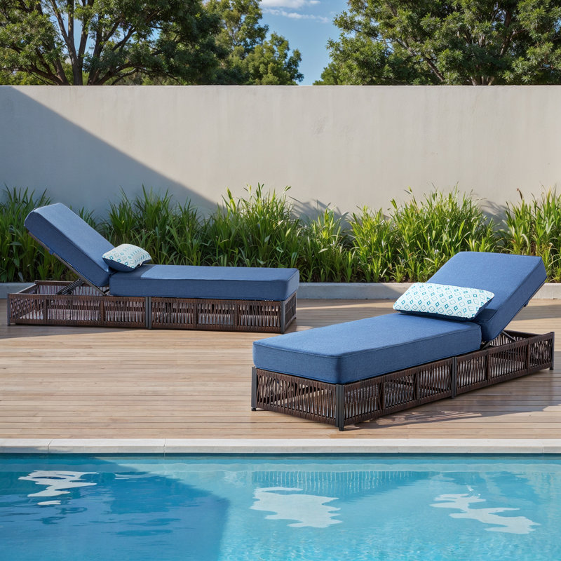 Clybourn Outdoor Patio Swimming Pool Adjustable Wicker Chaise Lounge Chair With Cushion (Set Of 2), Blue