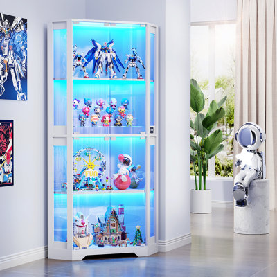 Corner Display Cabinet With Glass Doors, 65" Lighted Curio Cabinet With 3 Color Lights For Collectibles, 4-Tier Display Case With Human Body Sensor For Toys Books Black