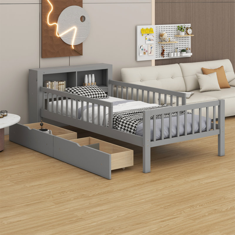 Lit avec support de tête de lit, deux tiroirs sous le lit, trois barrières de sécurité pour plus de sécurité, Gris