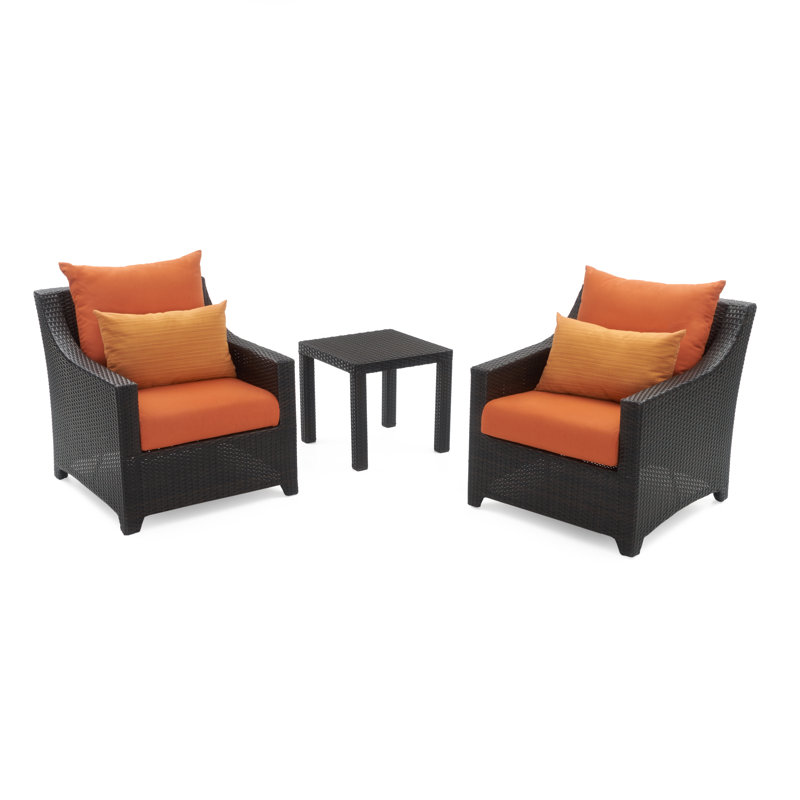 Ensemble de conversation en rotin 3 pièces avec housses de coussin en Sunbrella Fionnula, Sunbrella orange Tikka