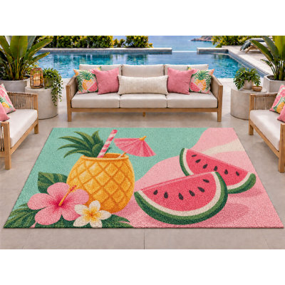 5’ x 7’ Outdoor Area Rug Pineapple Watermelon Hibiscus Pink  Yellow, Heavyweight Waterproof PVC Coil Loop Carpet, Quick Dry Indoor Outdoor r Mat for Poolside Patio Porch Deck Entryway Large Doormat