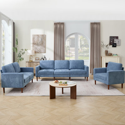 Modern 3 Piece Upholstered Living Room Set, Accent Chair, Loveseat, 3-Seater Mid-Century Sofa Set