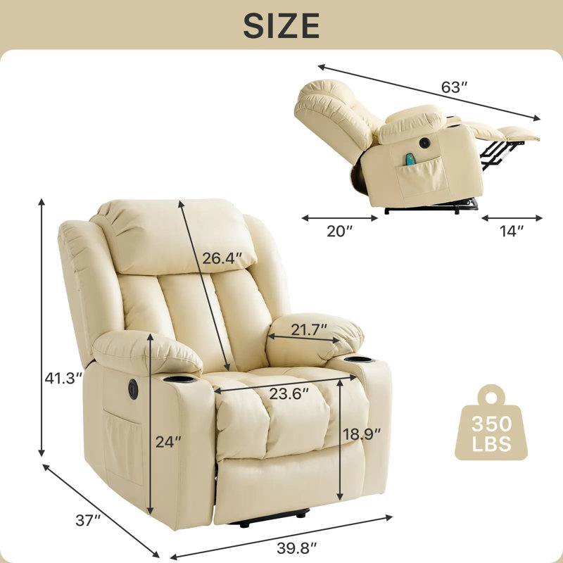 Power Lift Recliner Chair for Elderly With Vibration Massage Heat And Cup Holders, 2 Side Pockets, Beige Faux Leather