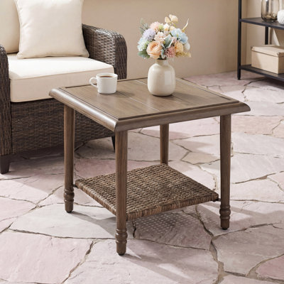 20 Inch Square Wicker Outdoor Side Table with Rattan Storage Shelf
