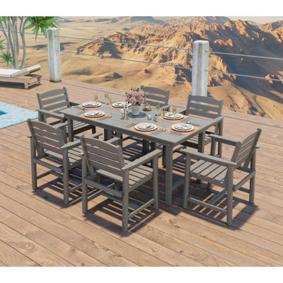 Deaver Rectangular 6 - Person 67“ L Outdoor Patio Dining Table Set With 6 Arm Chairs Extendable All-Weather HDPE Polywood Outdoor Patio Furniture for Balcony Deck Pool Lawn Garden Backyard