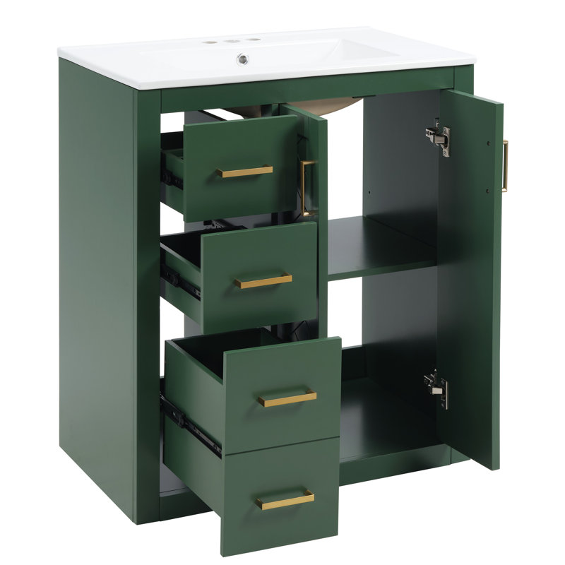 Pelaga 30 Inch Bathroom Vanity With Ceramic Sink Top, Green/Gold
