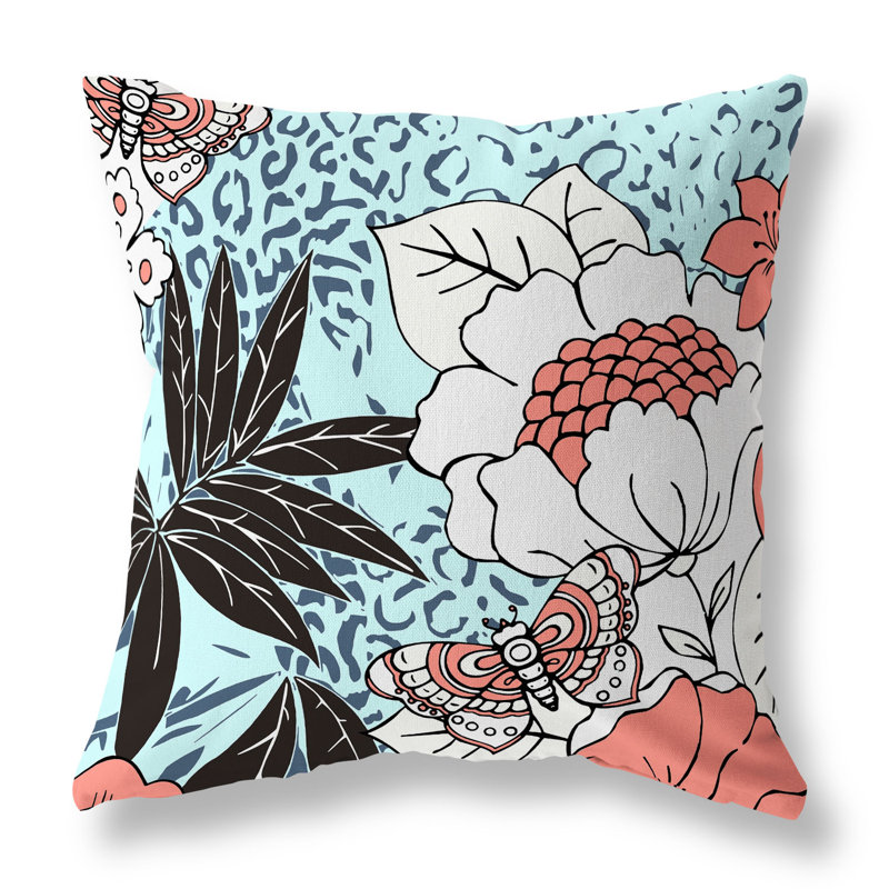 Coussin Roaring Florals, 16"H x 16"W, Blue/Pink
