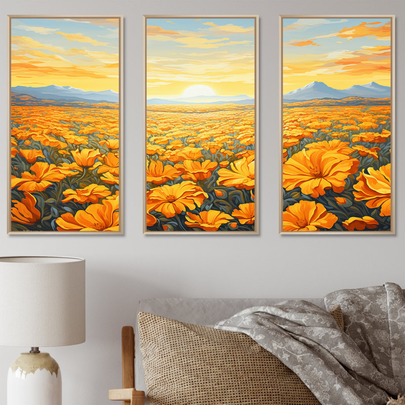 Radiant Sunshine Marigold Flowers III - ensemble d'art mural champ de fleurs, Cadre naturel flottant