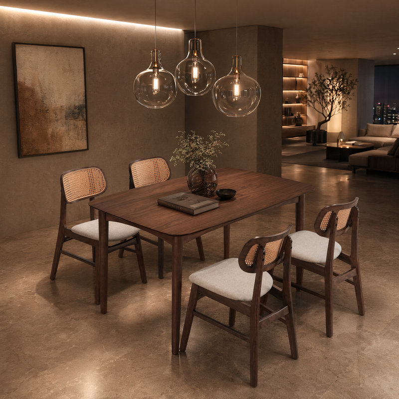Cane Back Dining Set, Walnut, 4