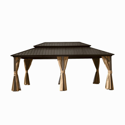 Pavillon de jardin rigide de 12 pi x 20 pi, pavillon en métal et aluminium avec double toit en acier galvanisé, rideau et filet, pavillon de pavillon permanent pour les fêtes, les mariages et les repas en plein air