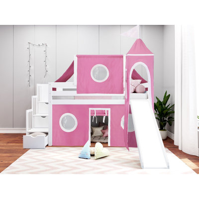 Johannes Solid Wood Twin Low Loft Bed with 3 Drawer Stairway Slide Tent and Tower