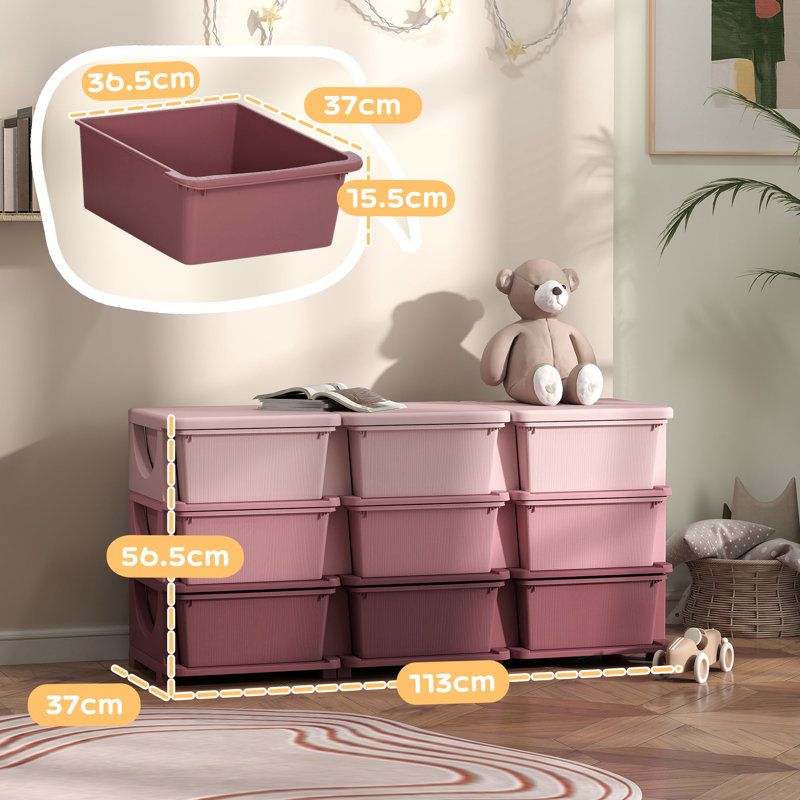 HOMCOM 9 Drawers Plastic Kids Storage Units 3 Tier Children Toy Chest , Pink