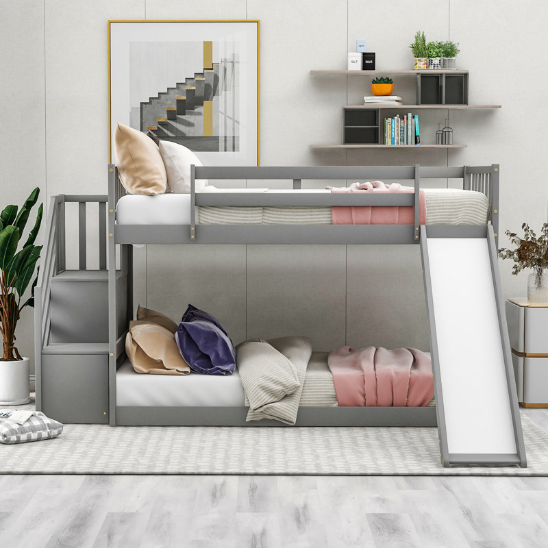 Lit superposé simple au-dessus de simple avec glissière convertible et escalier, Gris