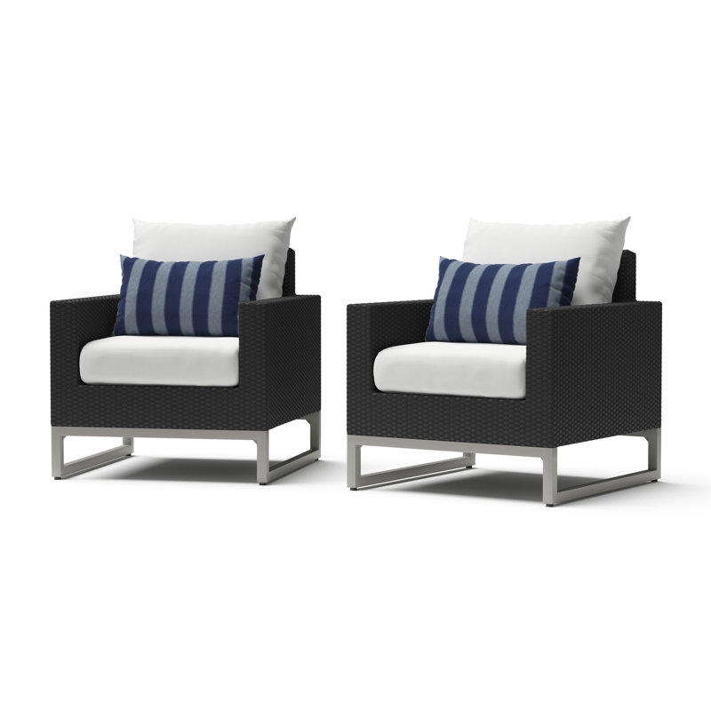 Sameko 2Pc Sunbrella Outdoor Club Chairs, Brown, White/Blue
