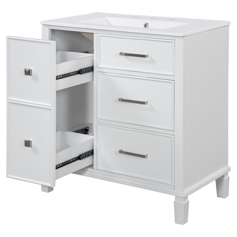 Meuble-lavabo moderne avec lavabo à tiroir en céramique et panneau de fibres à densité moyenne durable, Blanc
