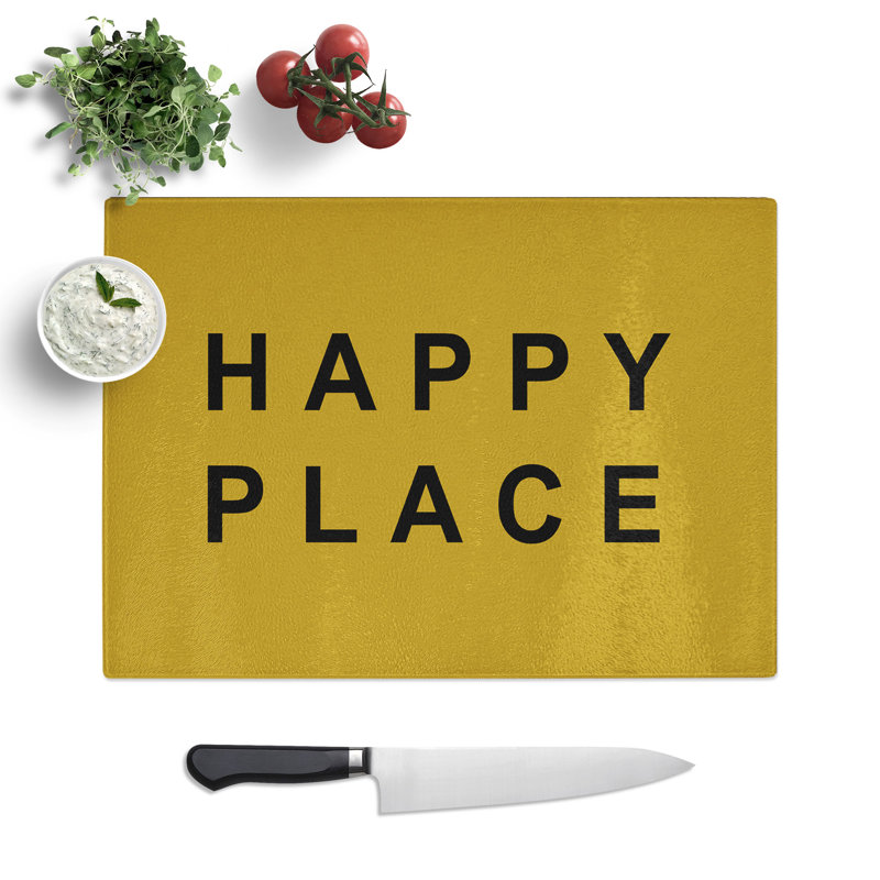 Happy Place Mustard Typography Chopping Board, 0.4cm H x 28.5cm W x 39cm L