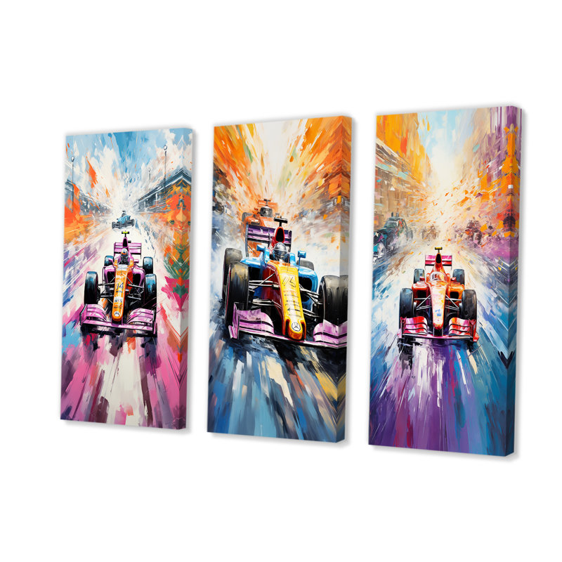 Popart voiture de formule sur la piste de course I - ensemble de 3 décorations murales, H 28 po x l 36 po, Toile tendue