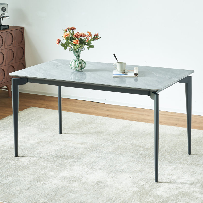 Glossy Rock Table With Black Legs,Sintered Stone Dining Table,Family Dining Table For 6-8 People