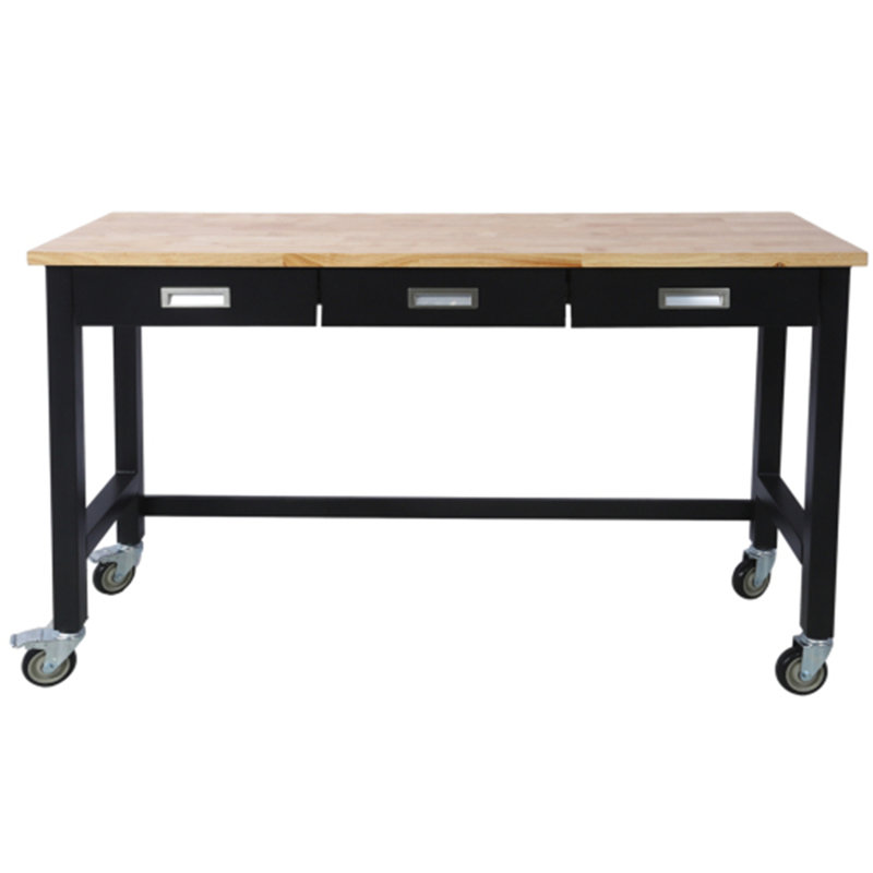 Banc de travail, établi avec rangement de tiroir, table de travail en bois de bambou robuste avec roulettes pour le bureau à domicile