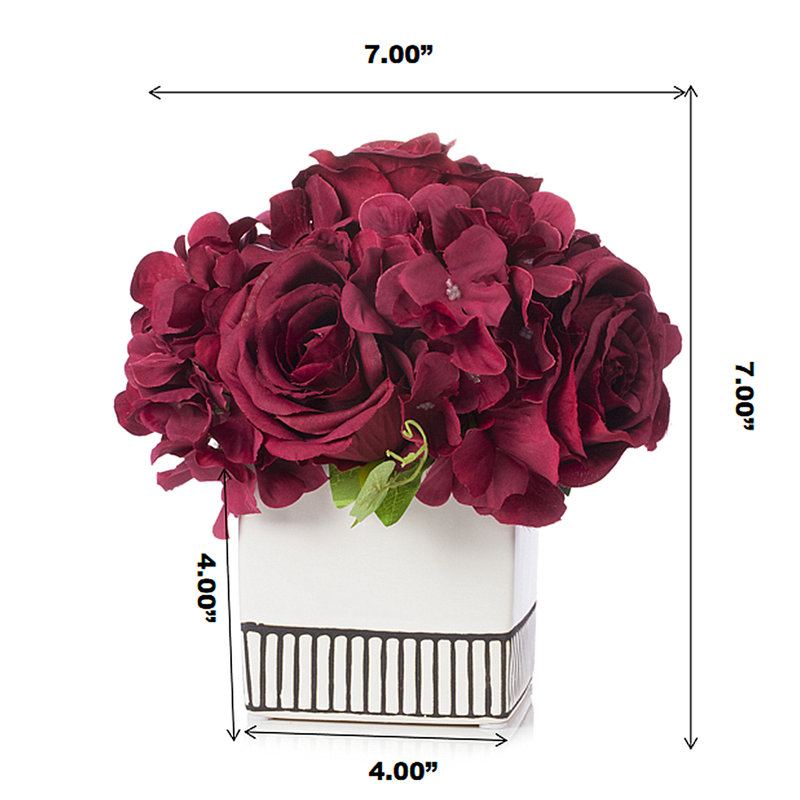 Burgundy Silk Hydrangea and Rose Arrangement in White Glass Vase