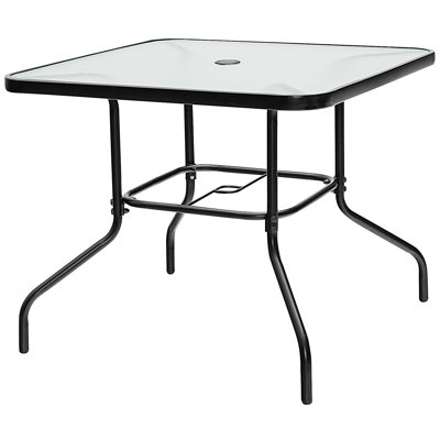 Table de salle à manger carrée de 35 pouces résistante aux intempéries et résistante aux égratignures avec plateau en verre trempé à haute transparence et trou de parasol pré-percé pour le jardin