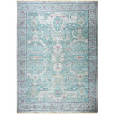 Green Hand-Knotted Silk Faded Turquoise Medallions Tribal Modern Contemporary Carpet Rug