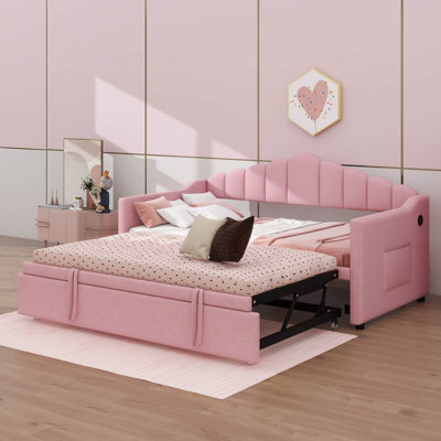 Upholstered Twin Size Daybed With Adjustable Height Pop-Up Trundle Twin Bed, Equipped With USB & Type-C Charging Ports, And 2 Side Storage Pockets