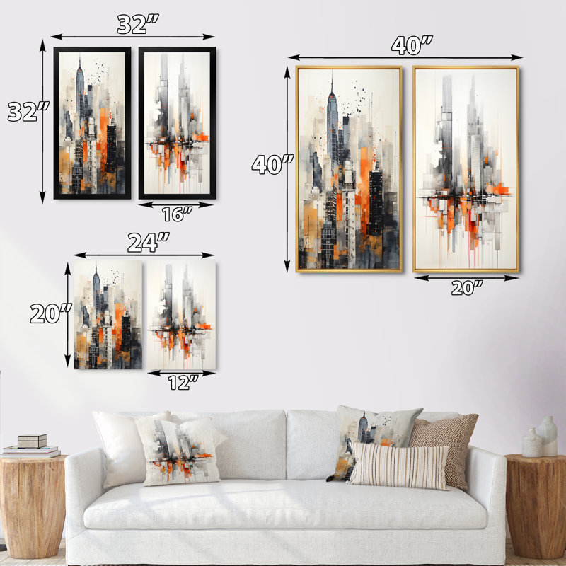 2 pièces sur toile - Orange, gris, minimalisme urbain, rythme, Toile tendue, H 40 po x l 40 po