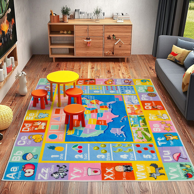 Washable Kids Play Rug Non-Slip&Soft Blue ABC Alphabet Educational Rug for Playroom Nursery